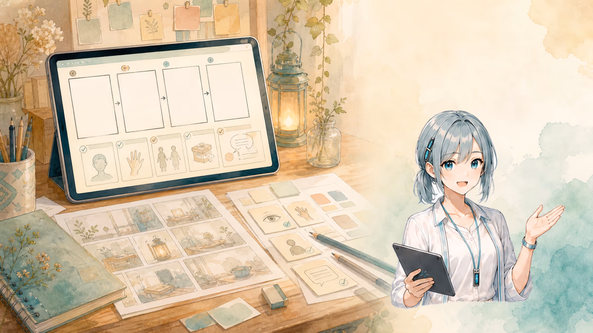 ミラが小説文をコマごとの見える要素へ分け、タブレットと漫画パネルを整理する創作アトリエ風の挿絵