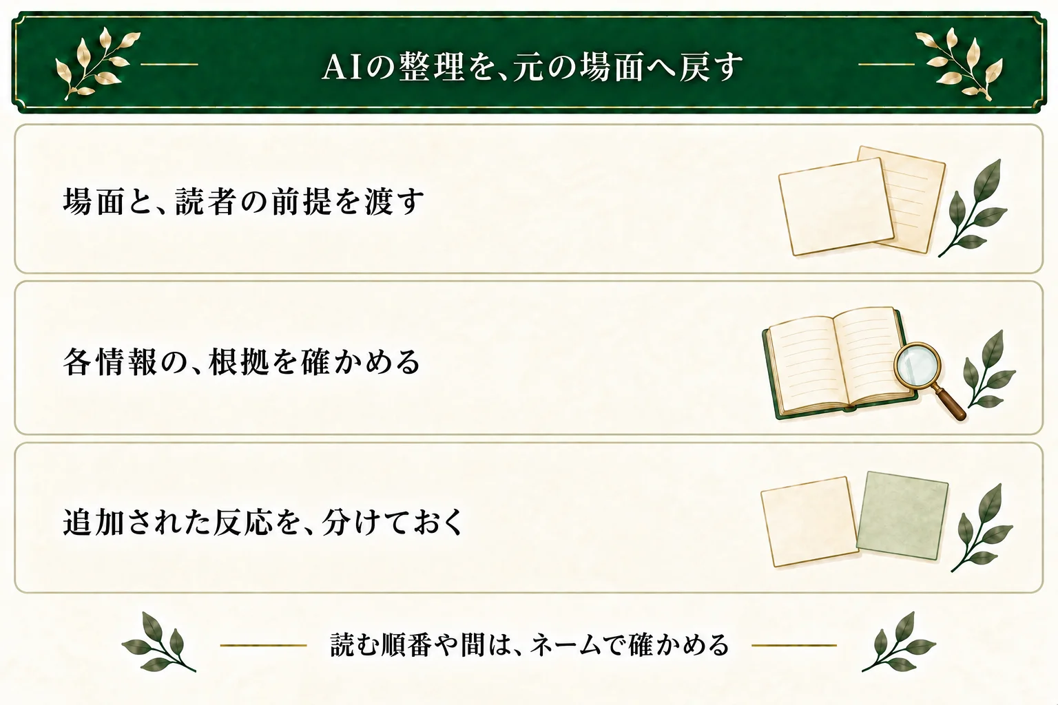 AIへ場面と読者の前提を渡し、絵・言葉・補足に分けた根拠を元の記述に戻して確かめる。相手の返事など新しく追加された反応を区別する。