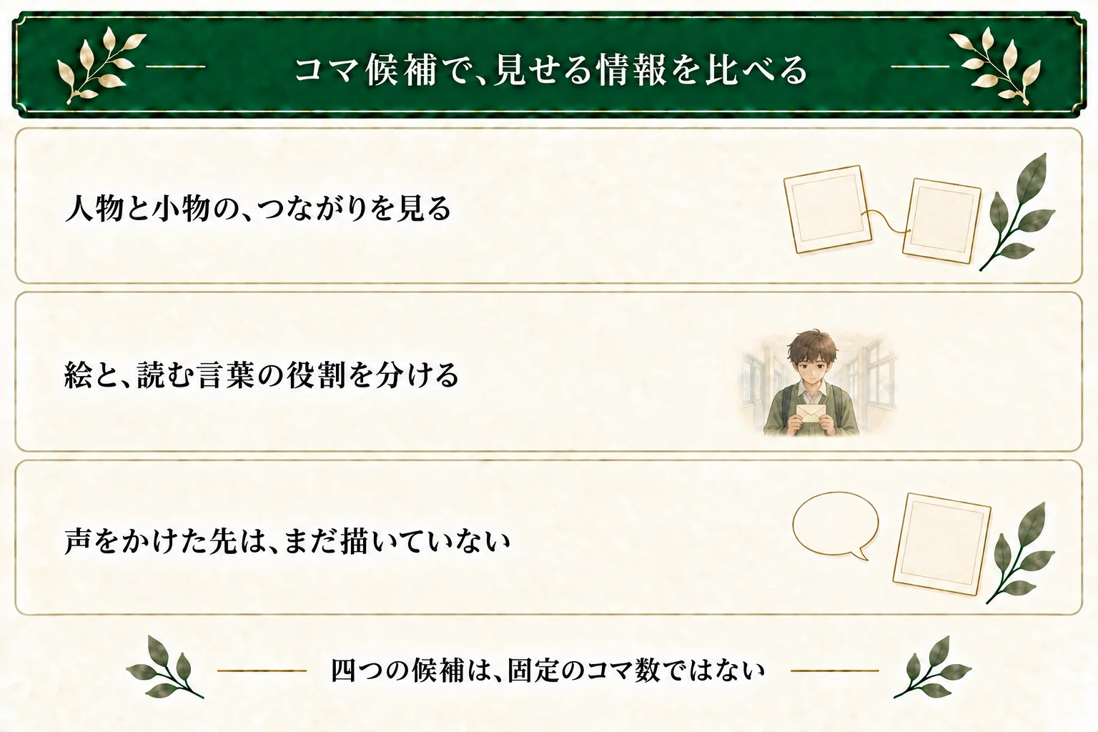 廊下で封筒を持つ少年が、友人へ声をかけ始める場面をコマ候補で整理する。人物と封筒の連続性、読む言葉、制作補足を分け、未描写の返事や和解を混ぜない。