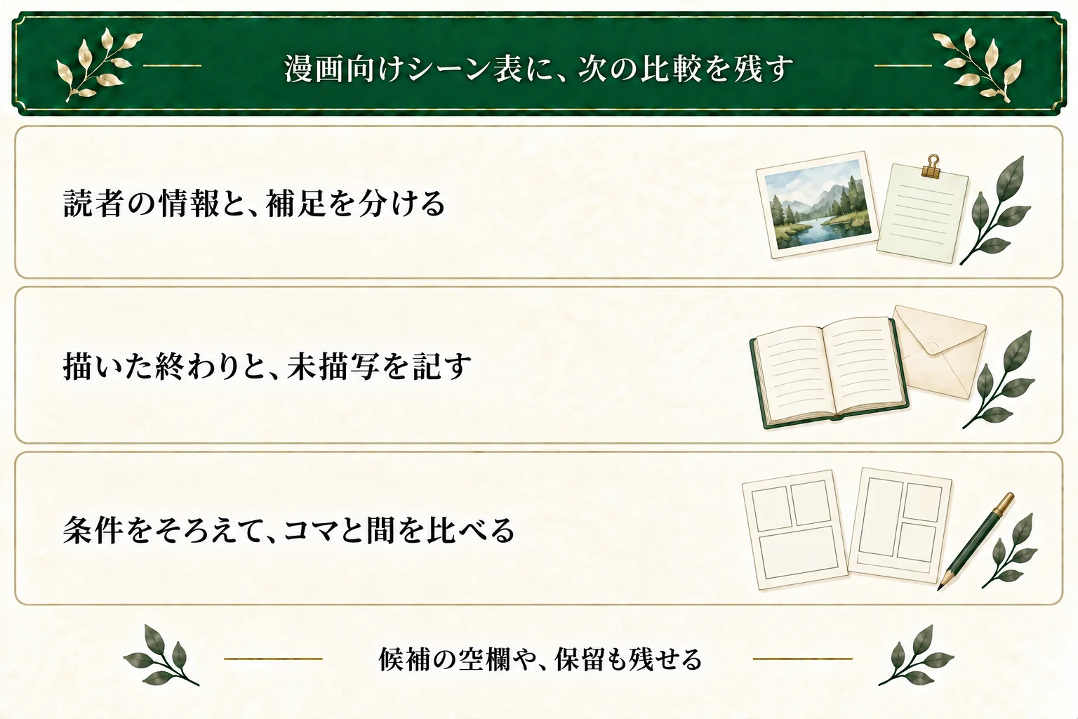 漫画向けシーン表に媒体条件、読者へ示す情報と制作補足、描いた終わりと未描写、次に比べるコマ数や間を保存する。3候補や空欄・保留も扱う。