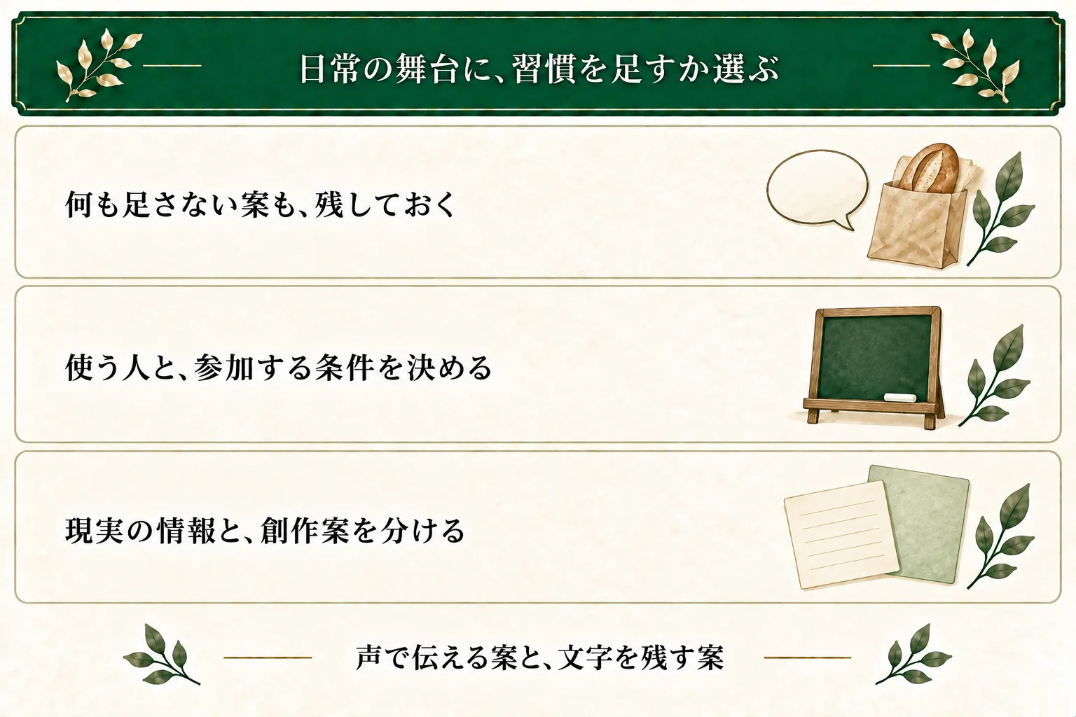 習慣なしで店主へ声をかける案と、店主が出した黒板へ希望する客が一言を書く案を比べる。参加しない人の不利益を作らず、実在情報と創作上の追加を分ける。