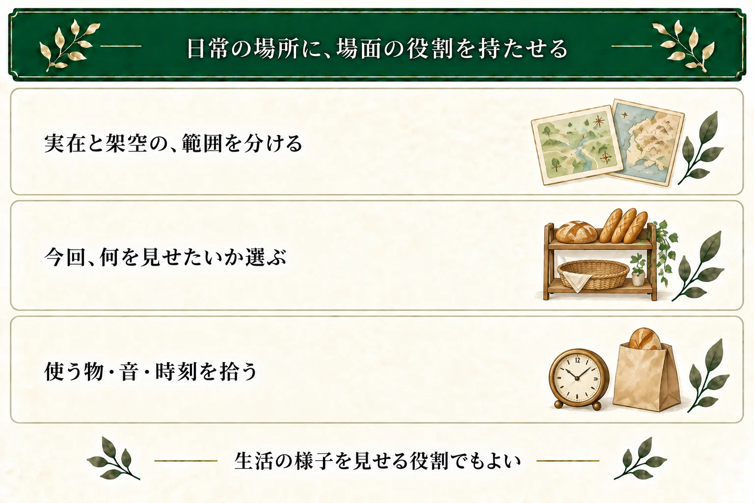 実在と架空の範囲を分け、日常の場所で状況・記憶・生活感のどれを見せるか選ぶ。使う具体物、音、時刻を拾い、記憶や大きな選択を必須にしない。