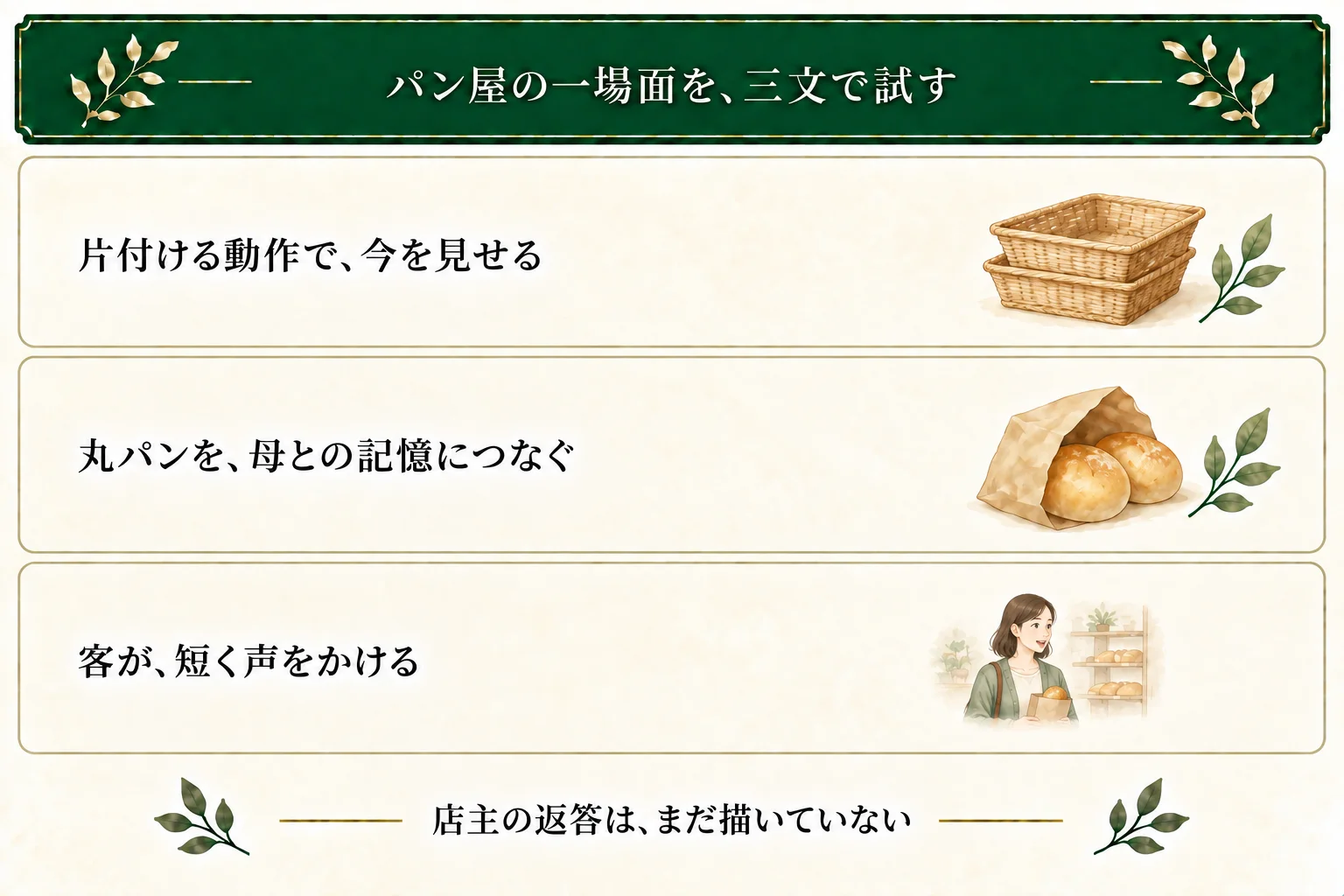 架空のパン屋で、店主が籠を片付ける現在、丸パンを母と買った記憶、客が短く声をかける行動を三文で示す。客と店主を混同せず、返答はまだ描かない。