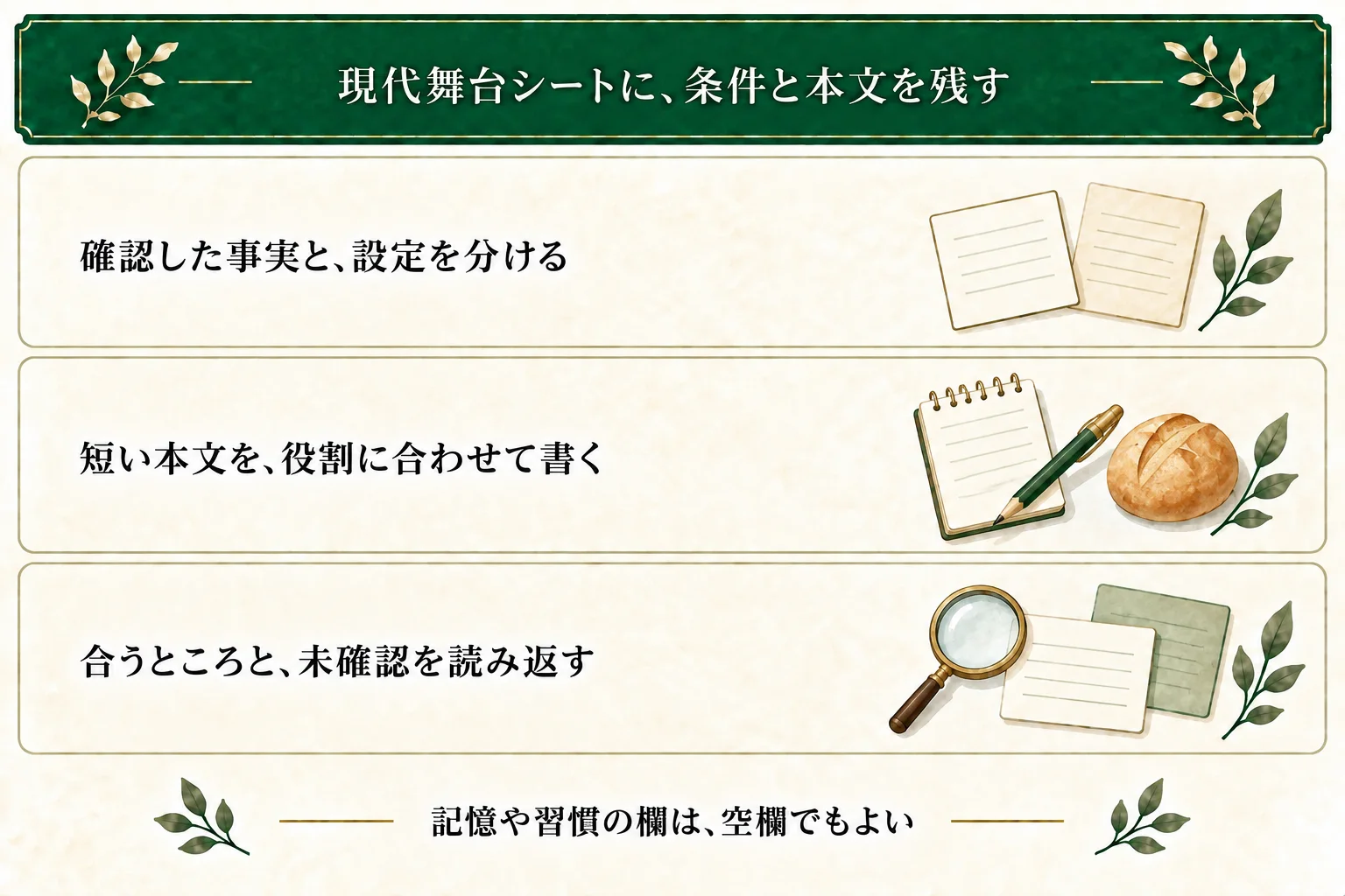 現代舞台シートに確認した現実情報、架空の設定、本文の根拠を分けて残す。生活を見せる場面なら記憶や習慣の欄を空にし、役割に合う短い文で試す。