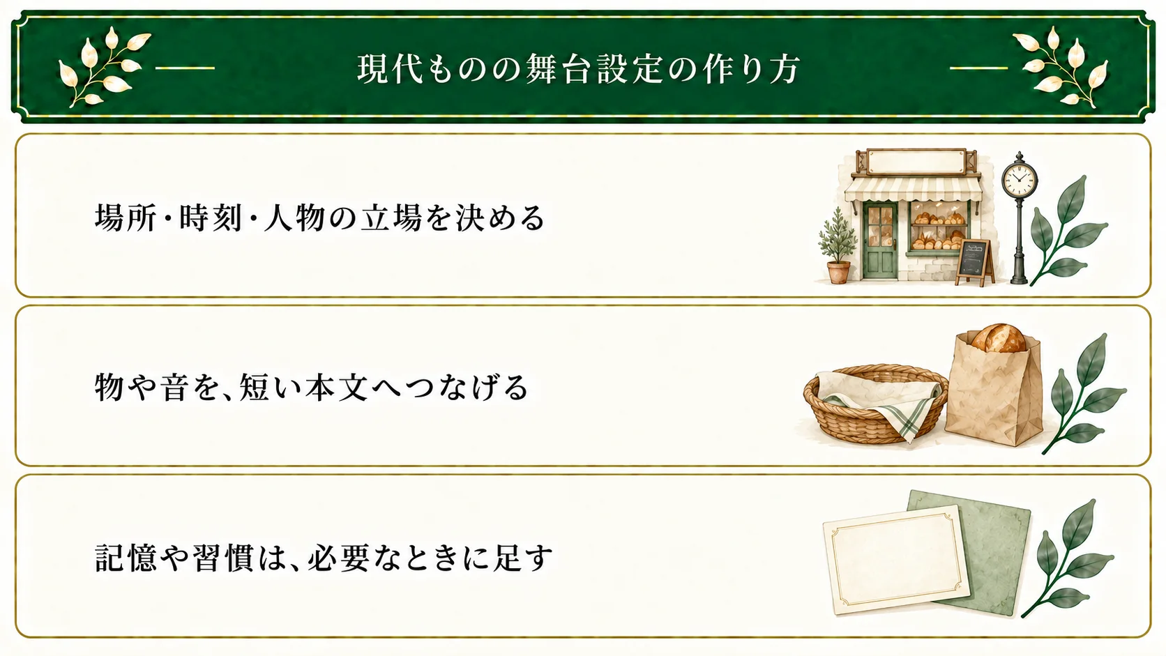 現代ものの舞台は、場所・時刻・人物の立場と場面の役割から作る。物や音を短い本文へつなげ、記憶や独自の習慣は必要なときに足す。