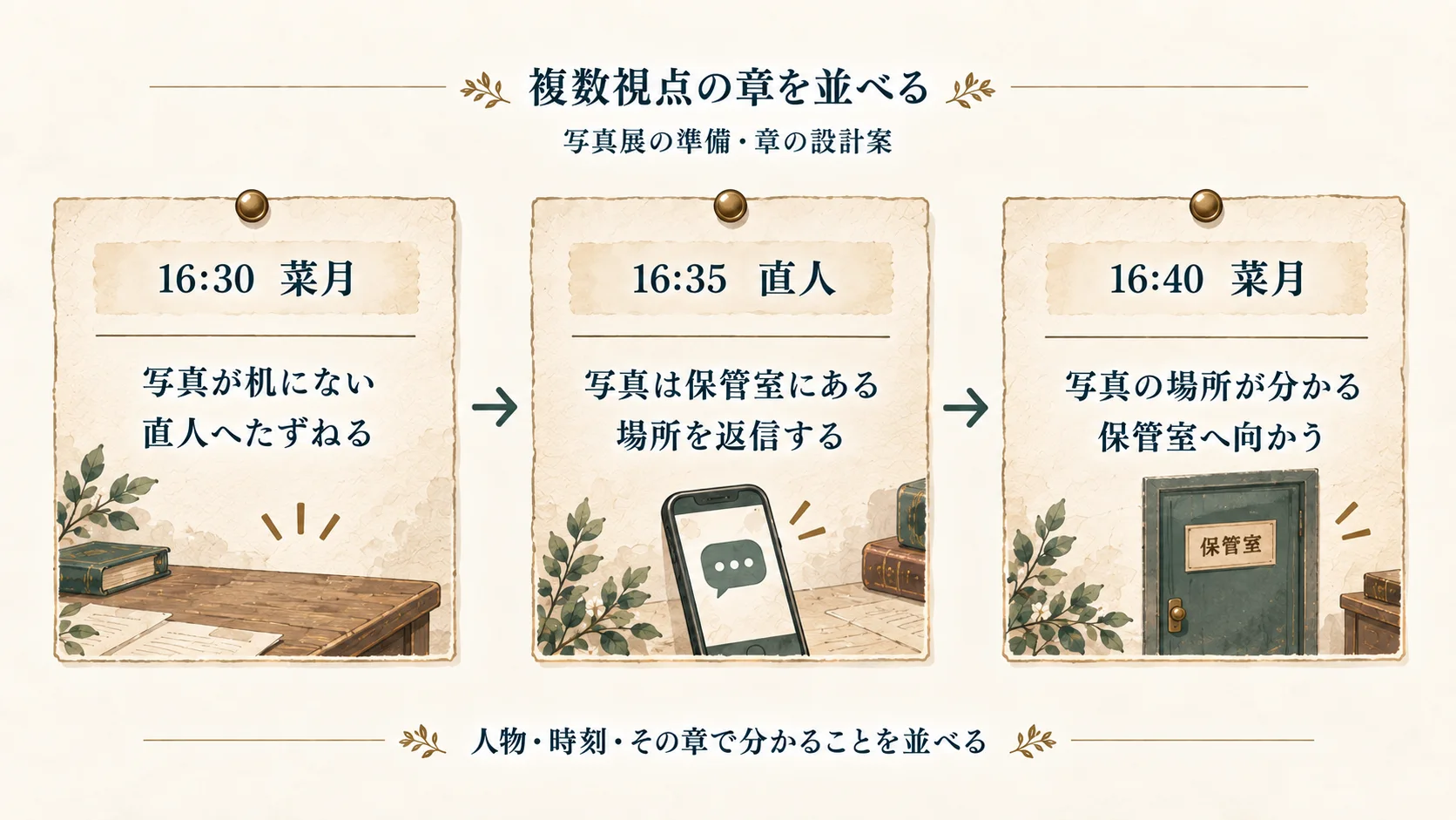 写真展の章の設計案。16時30分に菜月が写真を探し、16時35分に直人が場所を返信し、16時40分に菜月が保管室へ向かう。