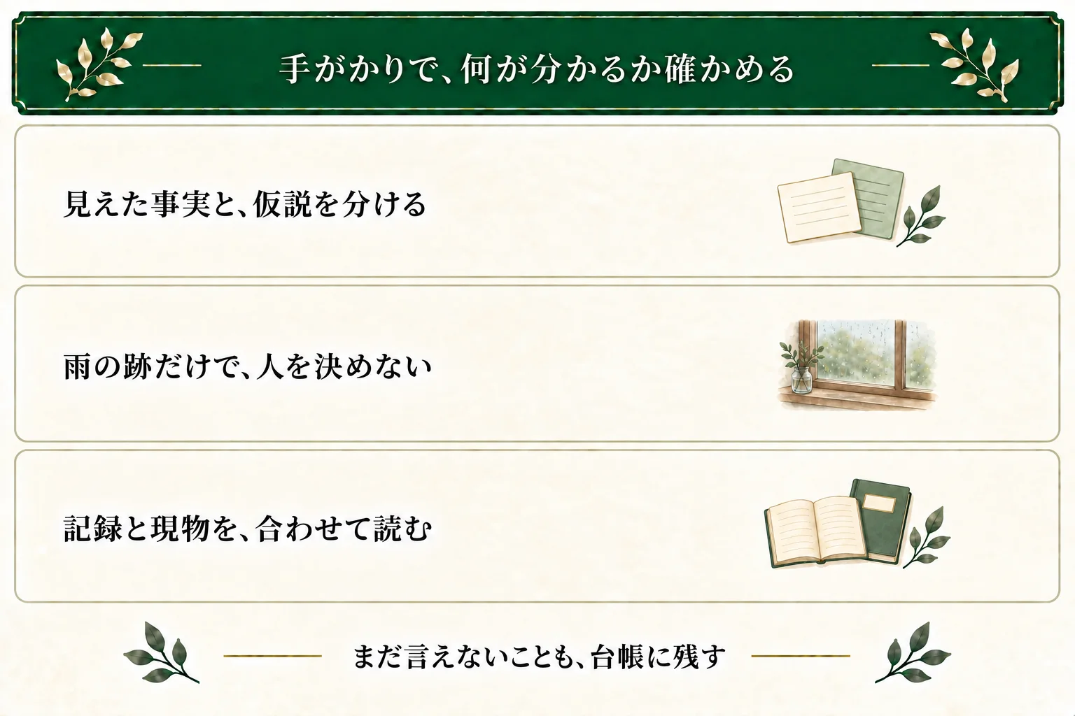 貸出帳の空欄は事実、無断の貸出は仮説。雨の跡だけでは人物や移動先を断定できず、連絡ノートと同じ管理番号の現物を合わせて確かめる。