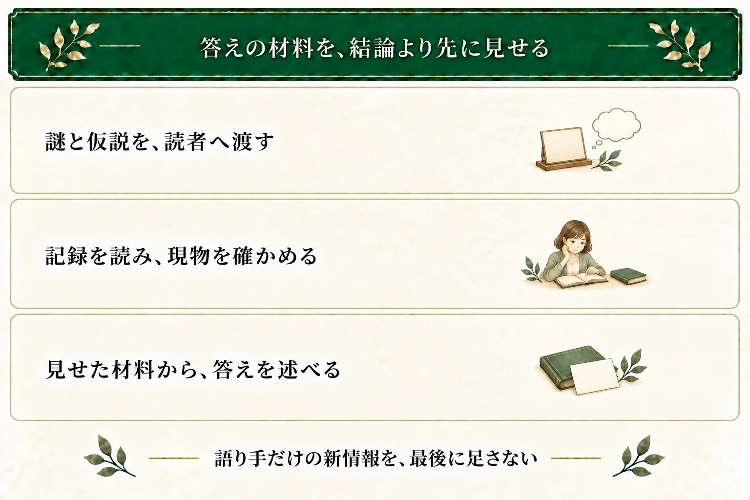 展示本の不在と仮説、雨と室内移動の決まり、連絡ノートと現物の順に見せてから結論へ進む。本文では記録と管理番号を先に出し、語り手だけの情報で解決しない。