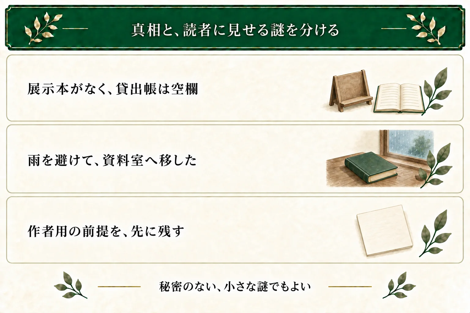 架空の図書室で展示本が消え、貸出帳は空欄。真相は係が雨を避けて資料室へ移したことで、室内移動の規則と連絡ノートを作者の前提にする。秘密は必須ではない。