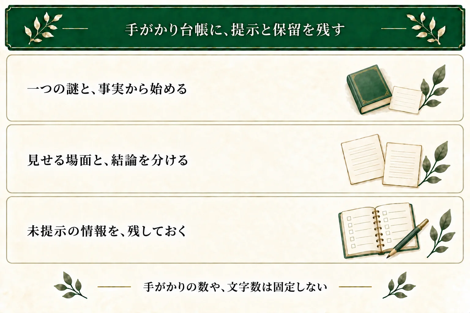 手がかり台帳は一つの謎と事実から始める。本文へ出す場面と答えを述べる場面を分け、未提示・未確認を保留して保存する。秘密の欄は空でもよい。