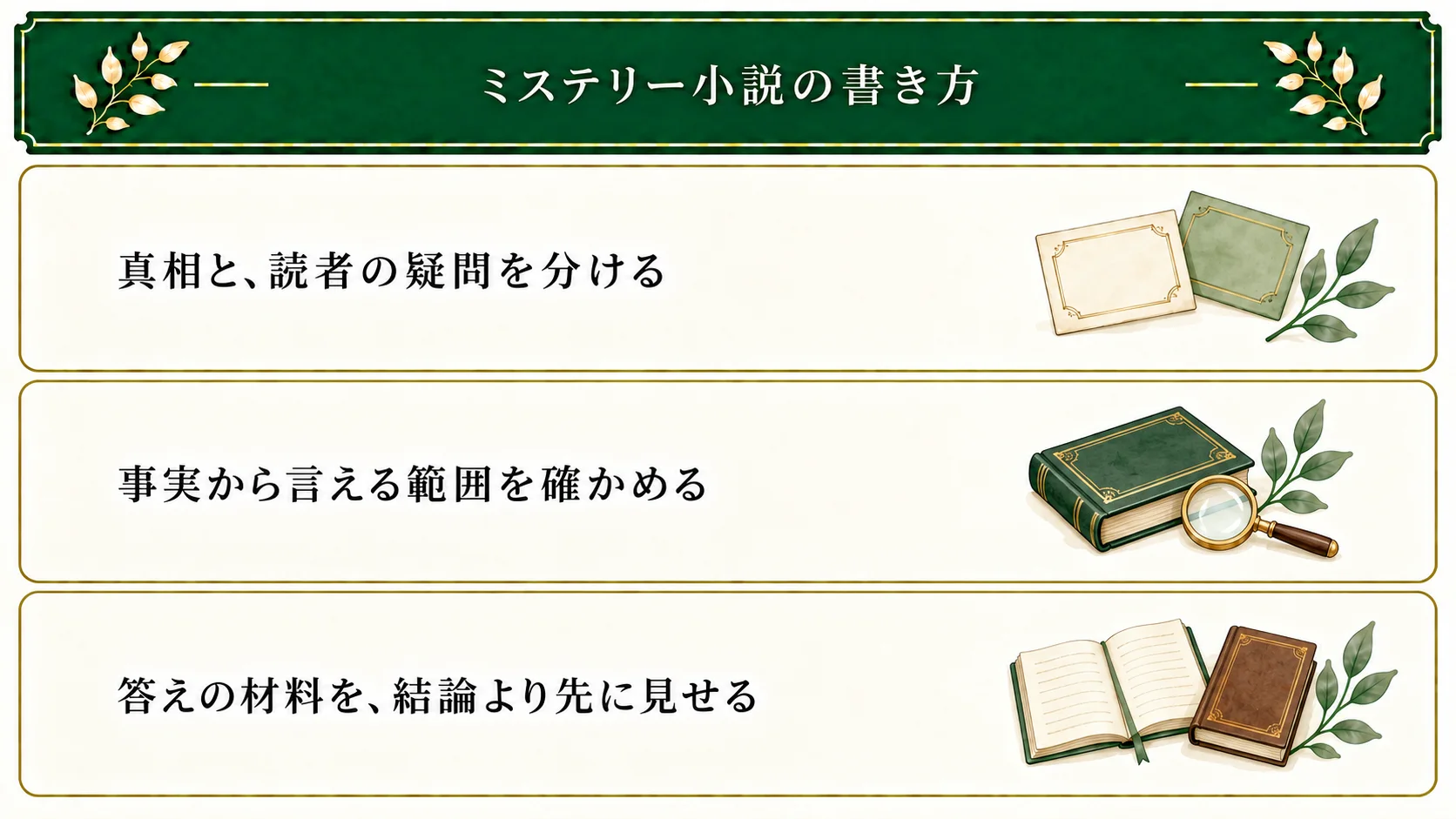 ミステリー小説では真相と読者の疑問を分け、手がかりから言える範囲を確かめる。結論を支える記録と現物を、答えより先に本文へ出す。