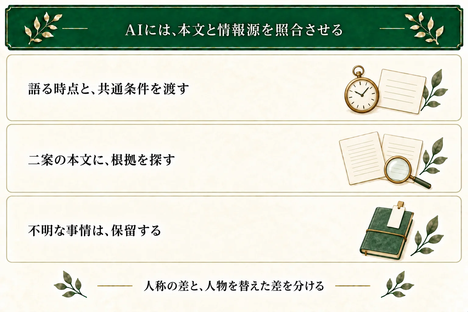 AIには場面と版、語る時点、共通事実、案Aと案Bの条件・本文、比較したい点を渡す。観察・推測・伝聞の根拠を照合し、設定を追加せず未確認を保留する。