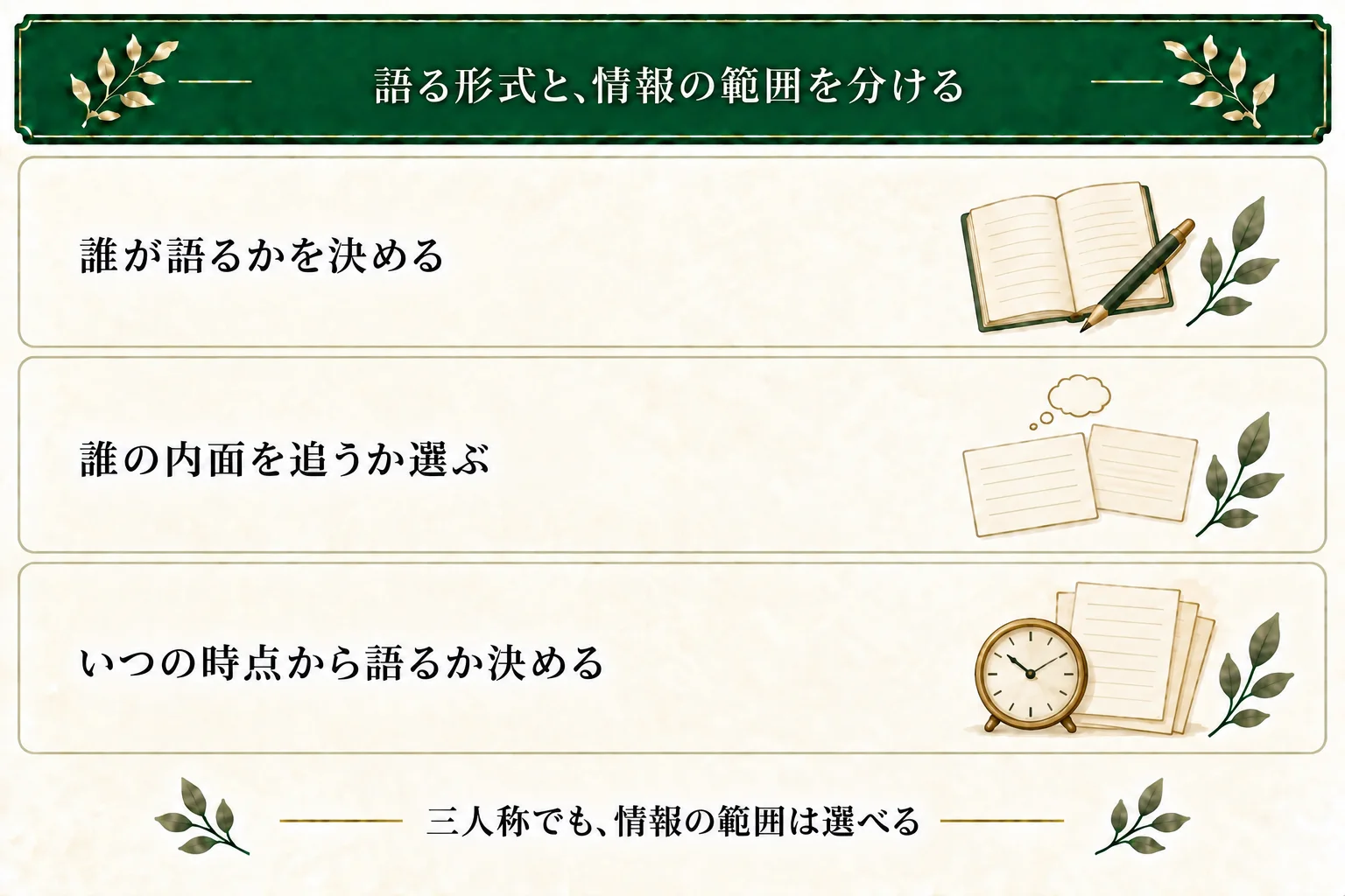 一人称、三人称限定、三人称全知の違いを、語り手と内面・情報の範囲で整理する。誰が語るか、誰に寄るか、後日の回想を含むかを別々に決める。