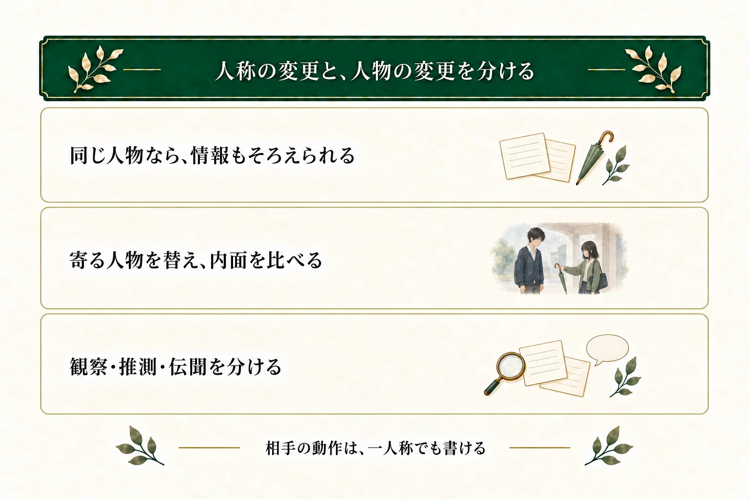 蓮の一人称Aと蓮に寄る三人称限定Bは、同じ動作と内面を示せる。紗季に寄るCでは急ぐ気持ちと腕の疲れが加わる。相手の動作の観察と心情の推測、後日の伝聞を区別する。
