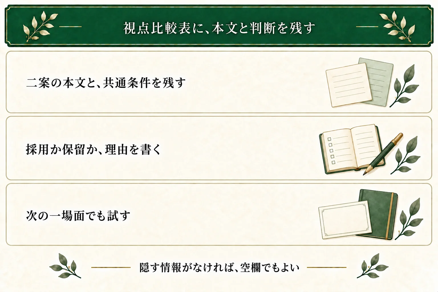 視点比較表へ二案の本文、語る時点、固定事実、情報源、採用または保留の理由を保存する。隠す情報は必須にせず、次の場面でも必要な情報を扱えるか試す。