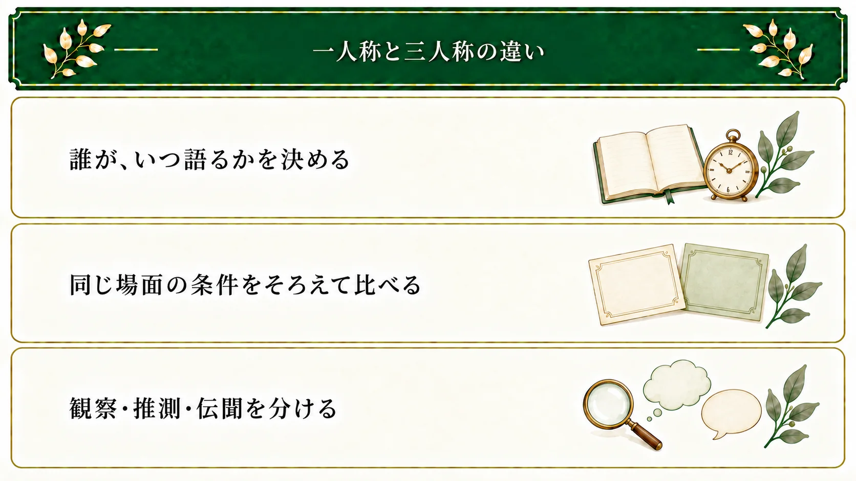 一人称と三人称は、語る人、内面を追う人物、語る時点を分けて考える。同じ場面の条件をそろえ、観察・推測・伝聞の根拠を比べる。