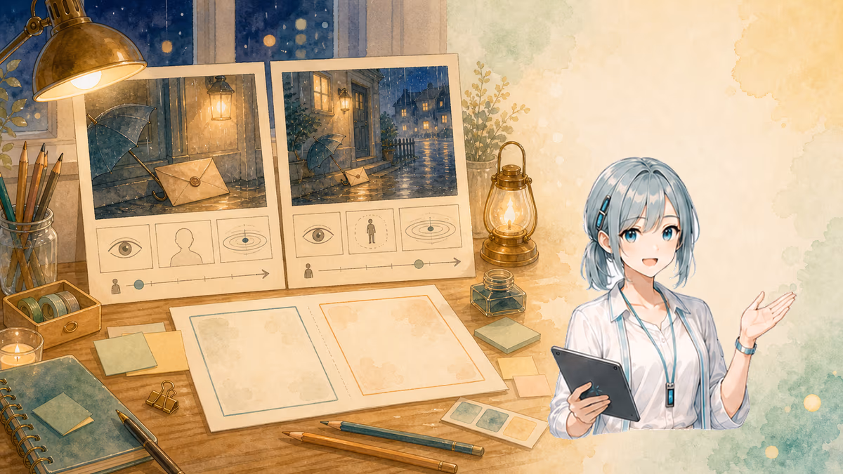 一人称と三人称の違いの内容をイメージした創作アトリエの挿絵