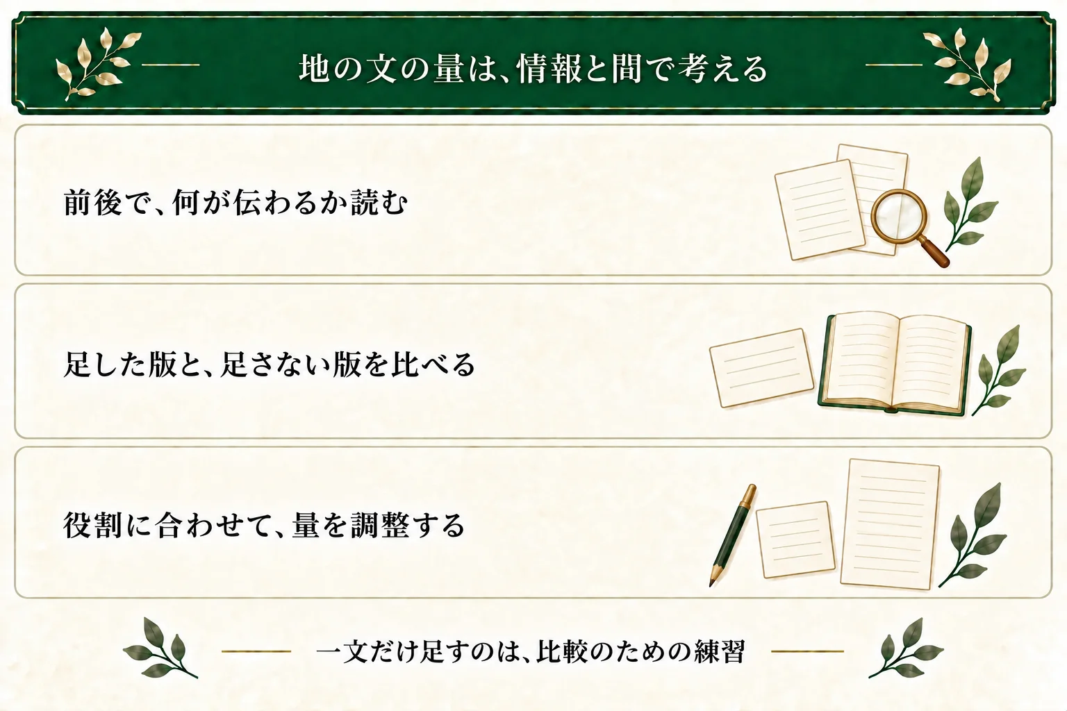 会話と地の文の比率を先に固定せず、前後の情報と返事までの間で量を考える。役割があれば補い、重複するなら追加を見送る。短ければよいという規則ではない。