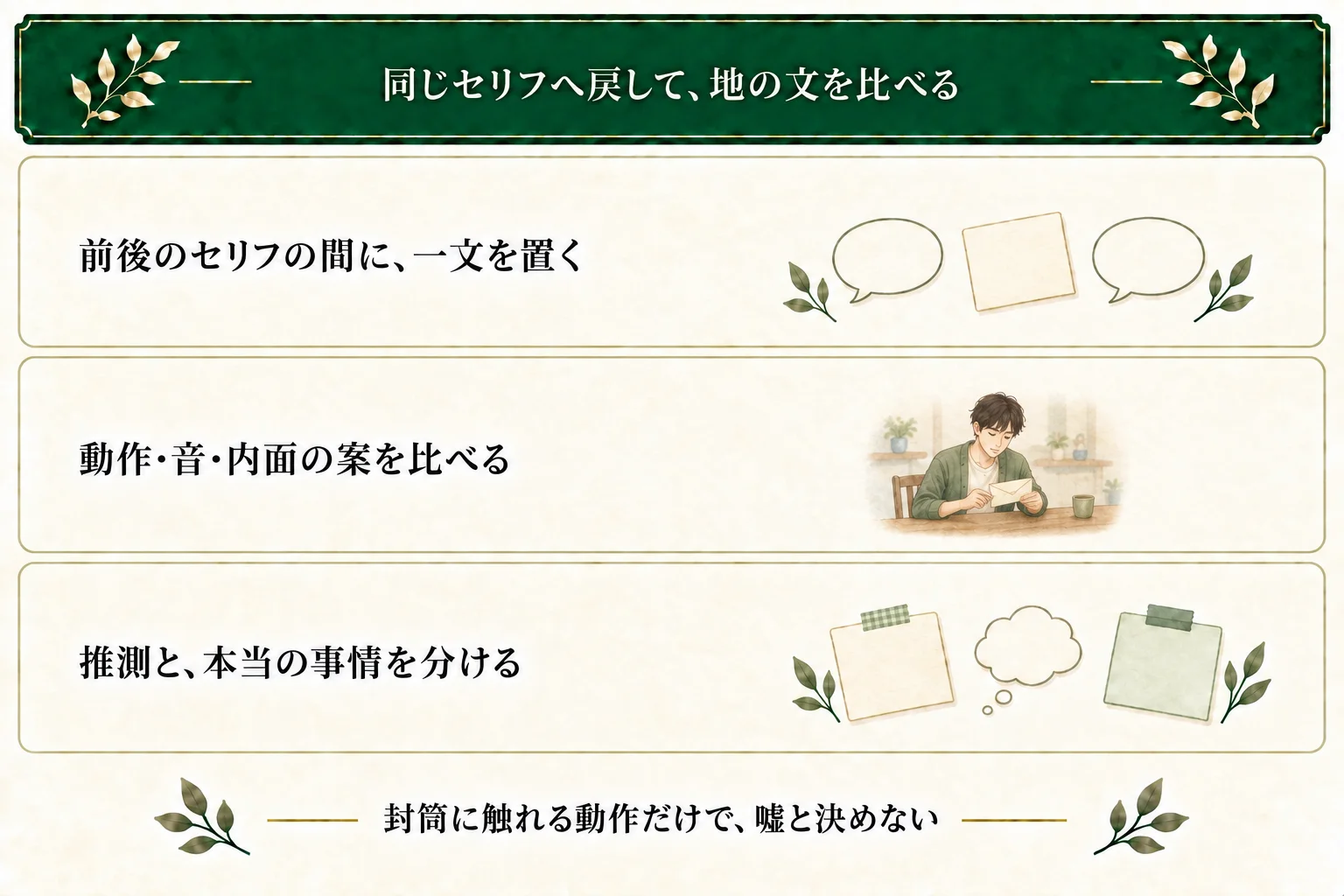 成人の姉が語る手紙の場面で、二つのセリフの間に場所・弟の動作・紙の音・姉の推測を別々に挟む。弟が読んだかは不明で、動作を嘘の証拠としない。