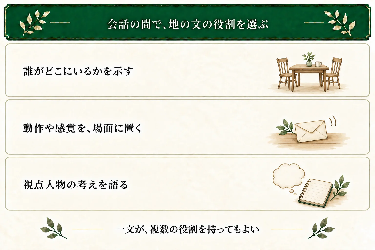 会話の間の地の文を、場所・動作・知覚・内面の四役で練習する。四役は網羅的な分類ではなく、一文が位置関係と動作など複数の役割を持つ場合もある。