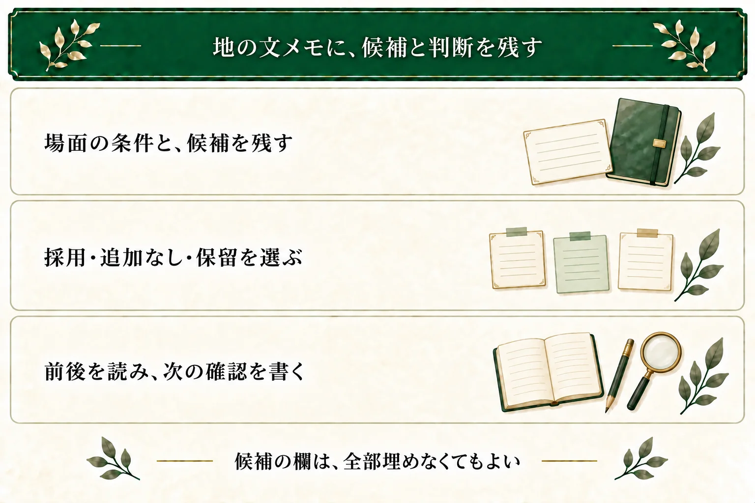 地の文役割メモに、前後のセリフ・視点・条件・候補を保存する。採用、追加なし、保留の理由と次の確認を残し、全候補を必須にしない。
