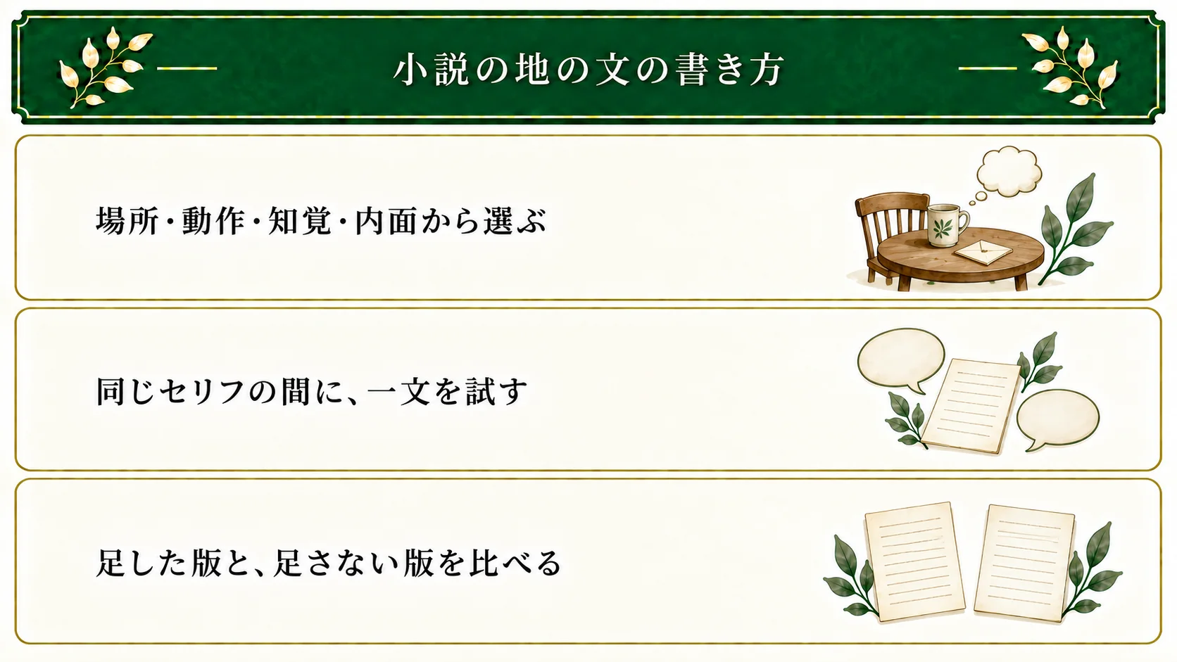 小説の地の文を会話の間で練習する。場所・動作・知覚・内面から一役を選び、同じセリフに一文を挟み、追加しない版とも比較する。
