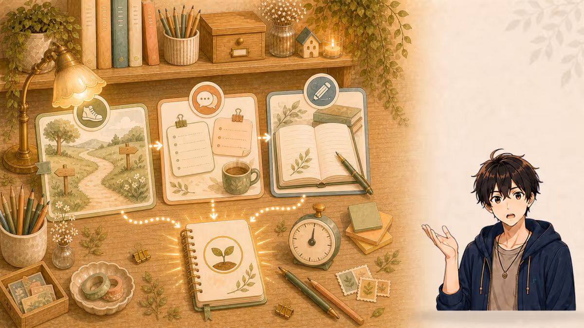 ソウマが歩く・話す・書き写す三つの素材を種ノートへつなげる創作アトリエの挿絵