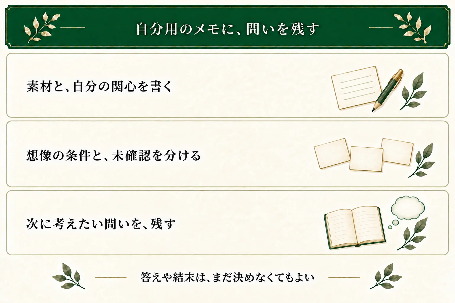 自分用の発想メモには素材と関心、想像で足した条件、まだ分からないこと、次の問いを分けて残す。理由や結末は未定でもよい。