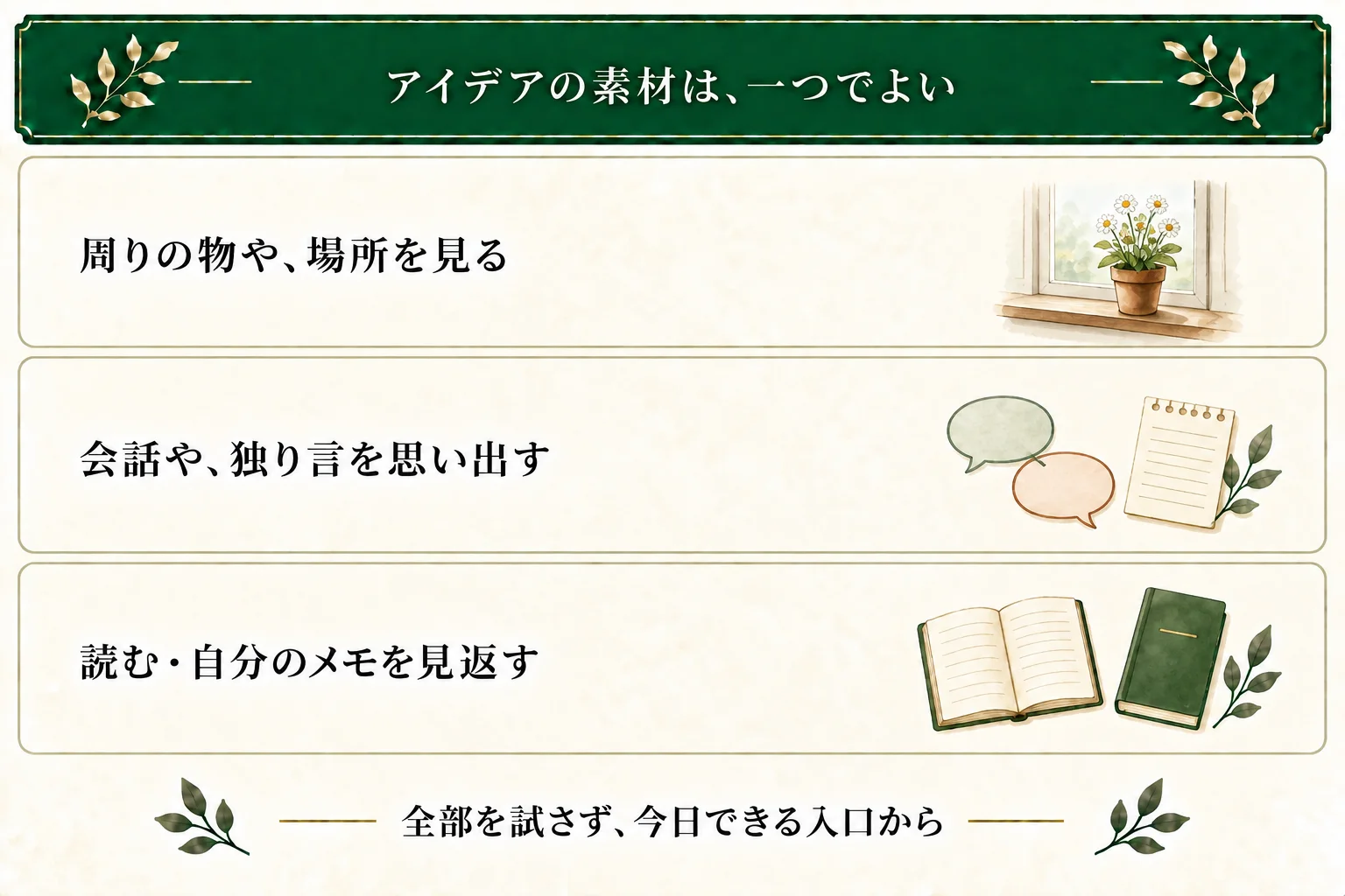 AIなしのアイデア出しの入口は、周囲を見る、会話や独り言を思い出す、読む・メモを見返す。全部ではなく一つを選べる。