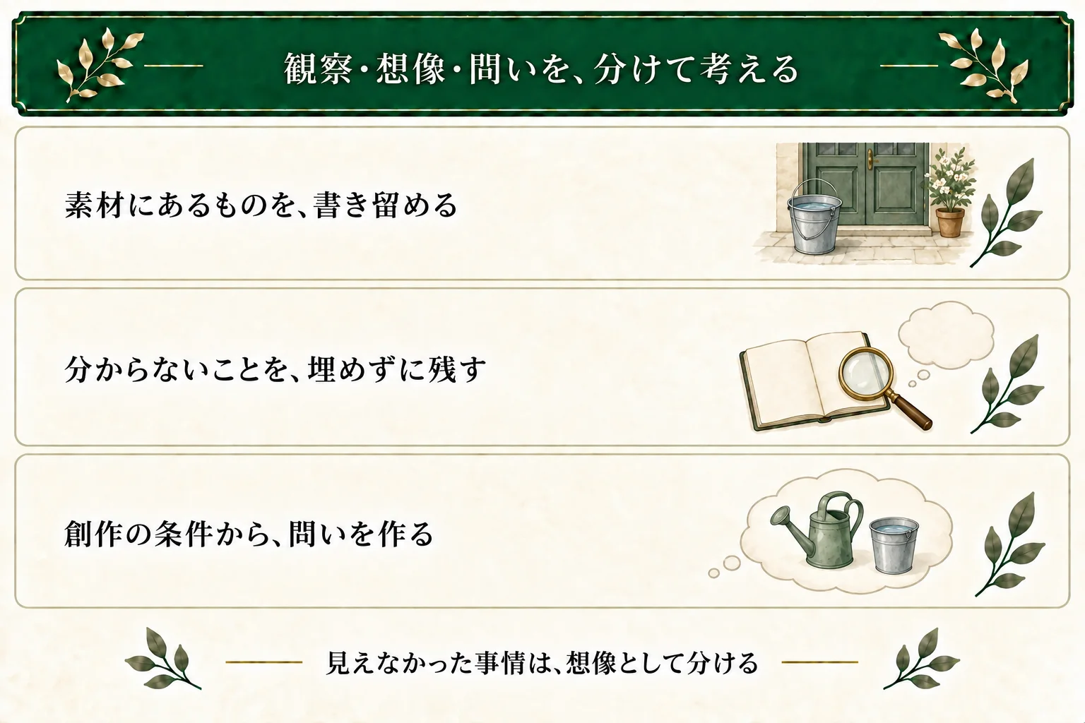架空の花屋の例。水入りバケツがあることと、誰が置いたかなど不明なことを分ける。元店主が毎朝水を替えるのは創作で足す仮の設定。