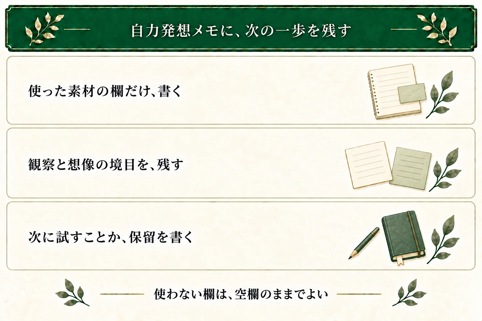 自力発想ワークは使った素材だけ入力し、観察と想像の境目を保存する。問いが出ない場合も、次の一歩や保留事項を残せる。