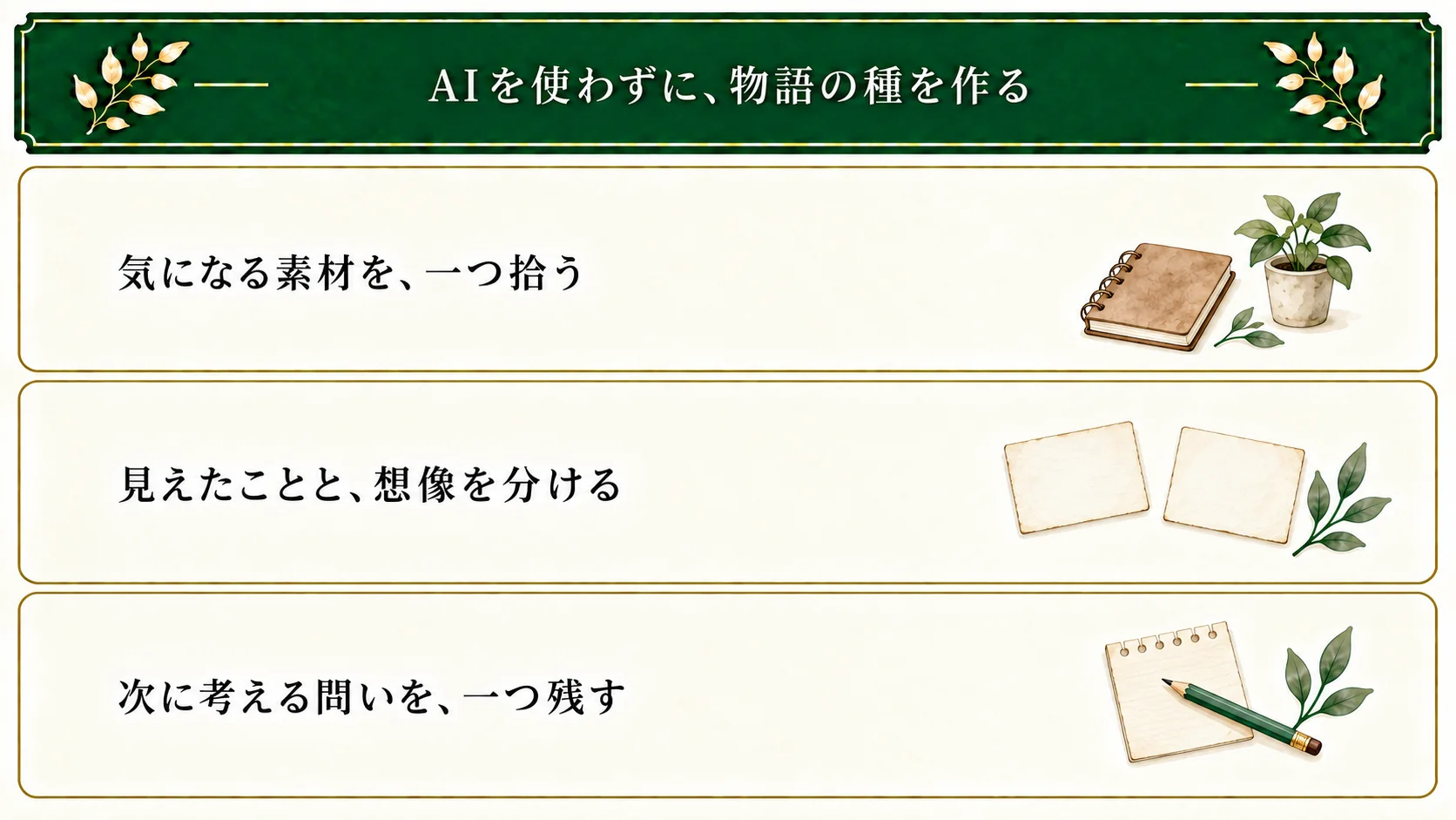 AIを使わない発想の三ステップ。素材を一つ拾い、観察と想像を分け、次に考えたい問いを残す。