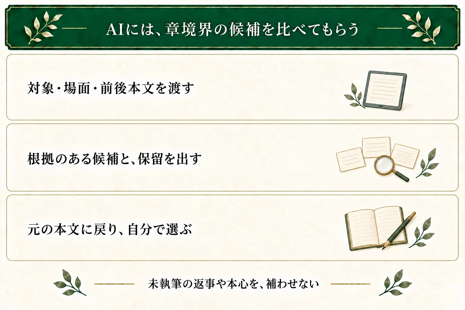 AIへ対象稿、場面一覧、境界の前後、狙い、未確定を渡す。根拠のある候補、続ける案、保留点を比較し、未執筆の返事や本心を補わせず作者が本文で選ぶ。