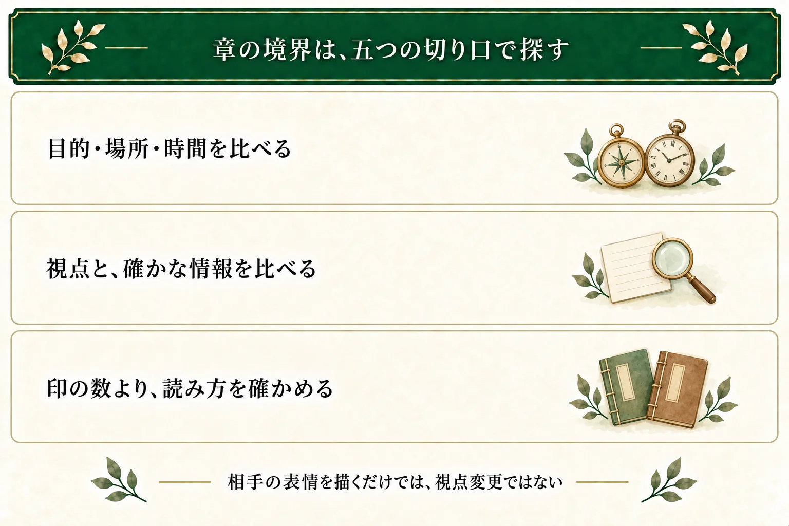 目的・場所・時間・視点・情報は境界候補を探す目印。項目の数だけで決めず前後を読む。相手の表情を描くことだけでは視点変更にならない。