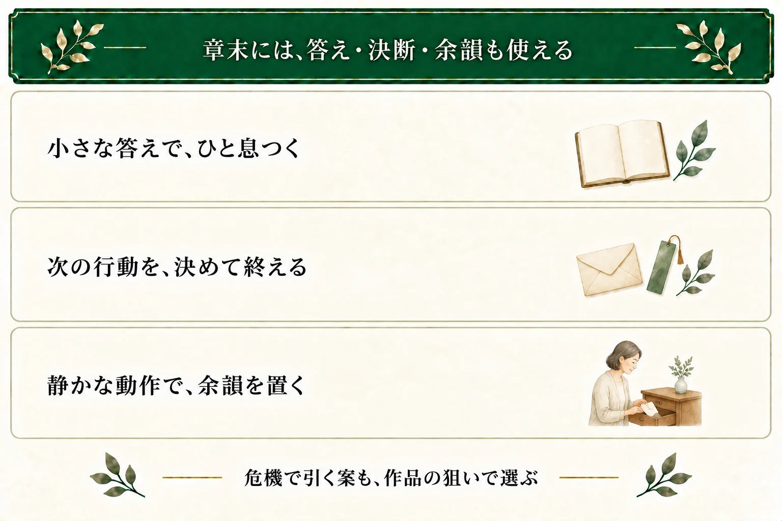 章末の候補には小さな答え、決断、静かな余韻などがある。危機で引く案も含めて狙いで選ぶ。母が封筒を引き出しに戻す絵は、本文の八つの別案の一つ。