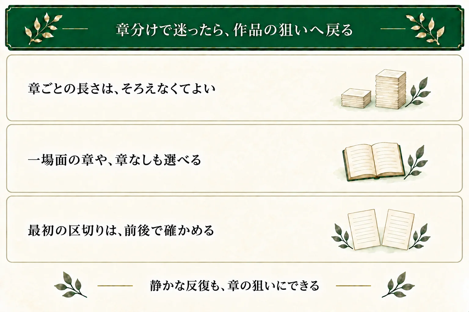 章分けFAQの要点。長さや章数は固定せず、一場面一章や章なしも選べる。第一章の区切りは前後の本文で確かめ、静かな反復も目的にできる。
