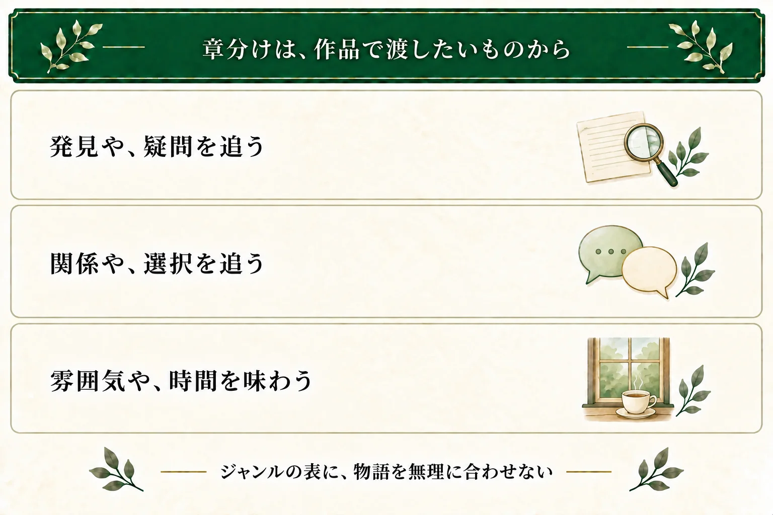 ジャンル別の章分け表は候補集。発見や疑問、関係や選択、雰囲気や時間など、その作品で渡したいものから選ぶ。変化を無理に足さない。