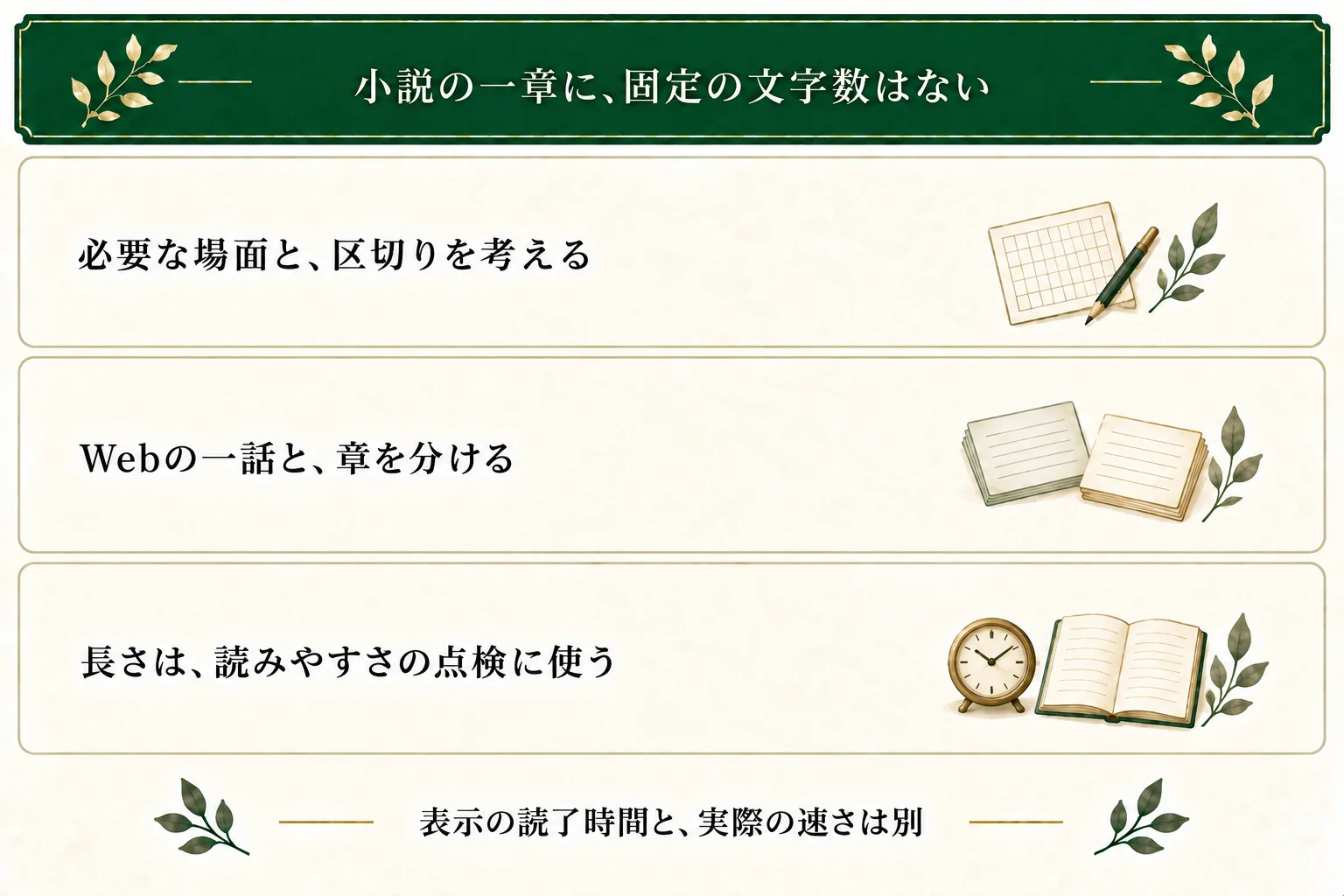 小説の一章の文字数に共通の正解はない。必要な場面と境界を考え、Web一話の公開単位と分け、長さや表示を点検する。読了時間の表示は実際の速さと異なる。