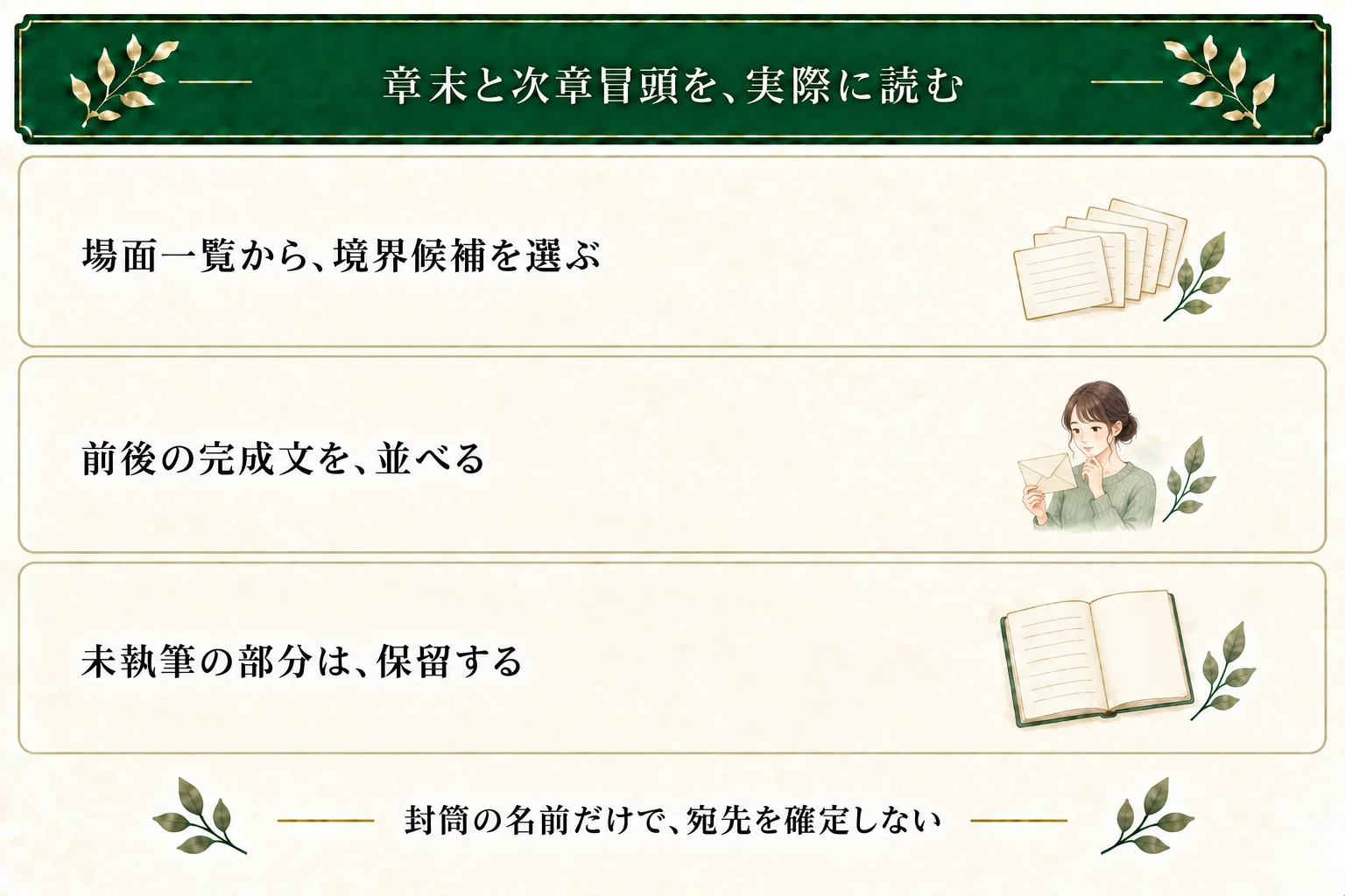 章分けの実践では場面を並べ、境界候補の前後を本文で比べる。封筒に母の結婚前と同じ名前があっても宛先は未確定。翌朝母へ尋ねた後の返事は未執筆で、判断を保留する。