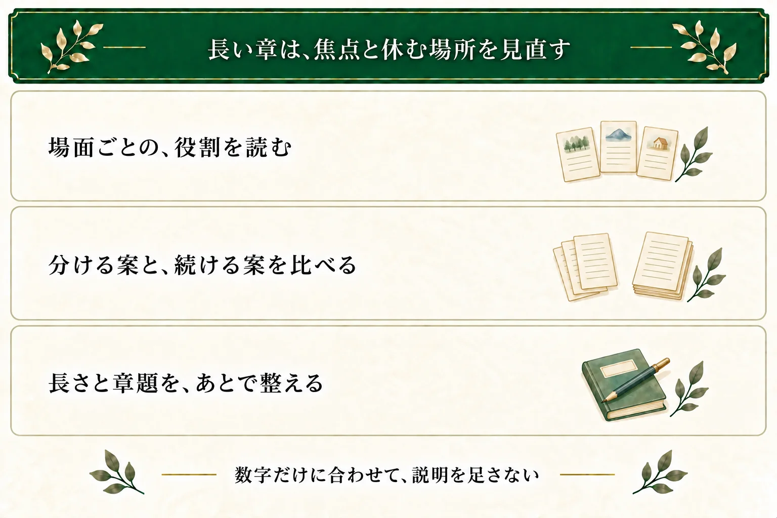 長すぎる章は場面の役割と焦点を読み、休ませたい場所で分ける案と続ける案を比べる。文字数や章題は狙いに合わせて点検する。