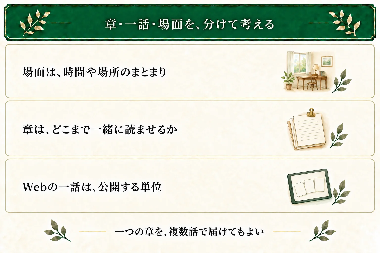 場面は時間や場所・焦点のまとまり、章はどこまでまとめて読ませるか、一話はWebで公開する単位。一章を複数話に分けてもよい。