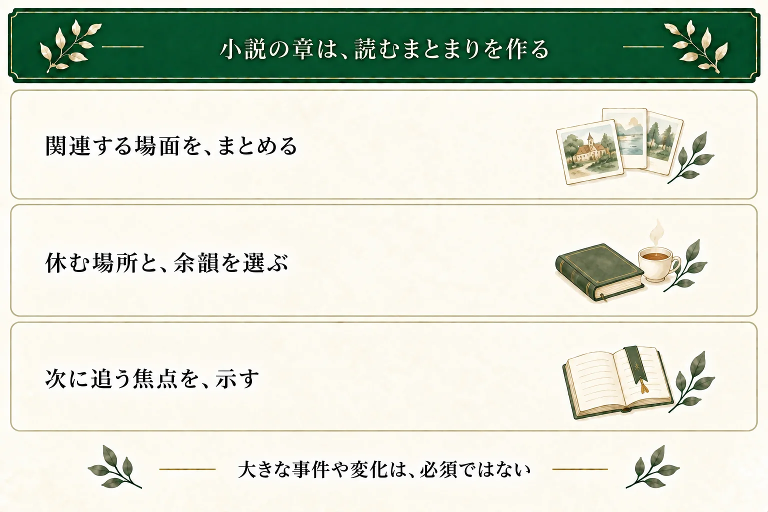 小説の章の役割は関連する場面をまとめ、読む呼吸を作り、焦点を切り替えること。大きな事件や変化は必須ではない。