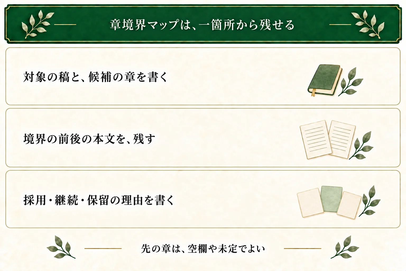 章境界マップは対象稿、一章からの候補、境界前後の本文、分ける・続ける・保留の理由を保存する。第2・3章など先の欄は空欄でもよい。