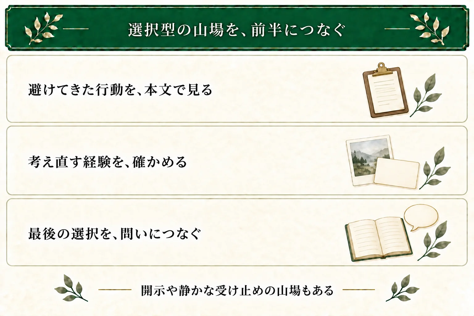 選択型の山場は、避けてきた行動と考え直す経験を前半の本文で確認して組み立てる。すべてのクライマックスに成長や決断が必要なわけではない。