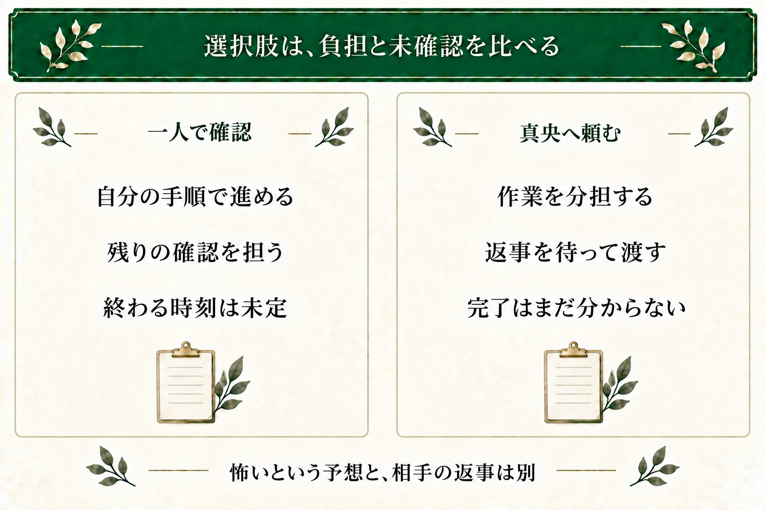 写真展の選択肢を比較。一人で確認する案は自分の手順で進めるが、残りも一人で担う。真央へ頼む案は了承後に分担する。どちらも全体の完了は未確認で、遥の恐れは相手の本心ではない。