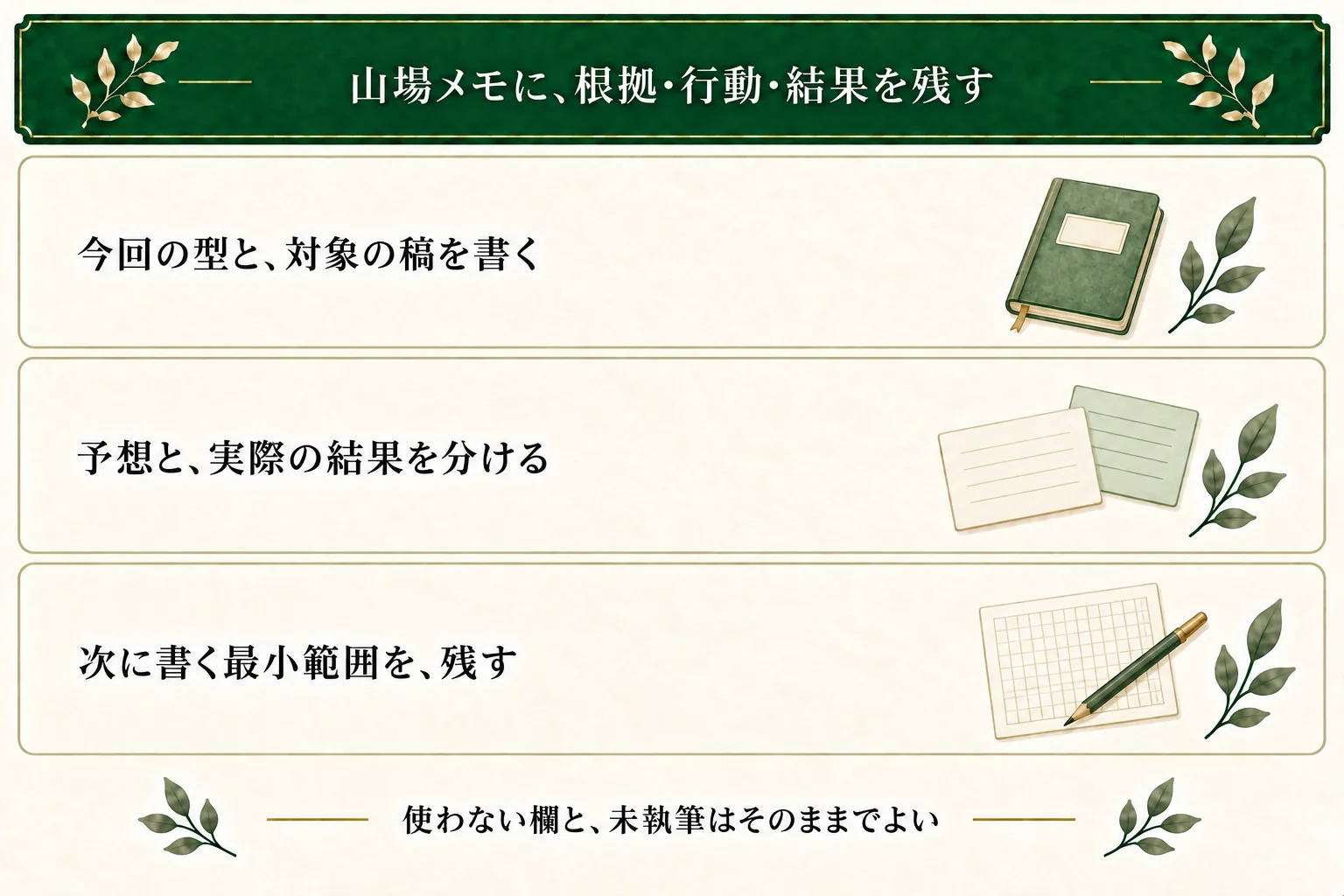 山場選択シートでは型と対象稿、前半の根拠、予想と実際の結果、次に書く最小範囲を保存する。開示など別の型では使わない選択欄を空欄にできる。
