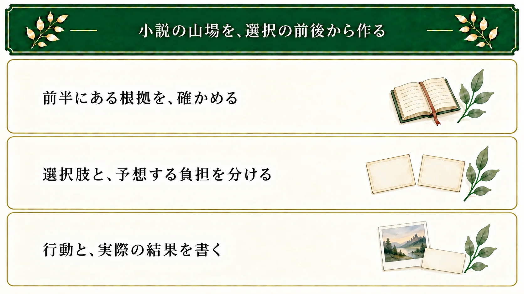 選択型のクライマックスは、前半の根拠を確認し、選択肢と予想される負担を分け、選んだ行動と実際の結果を書く。