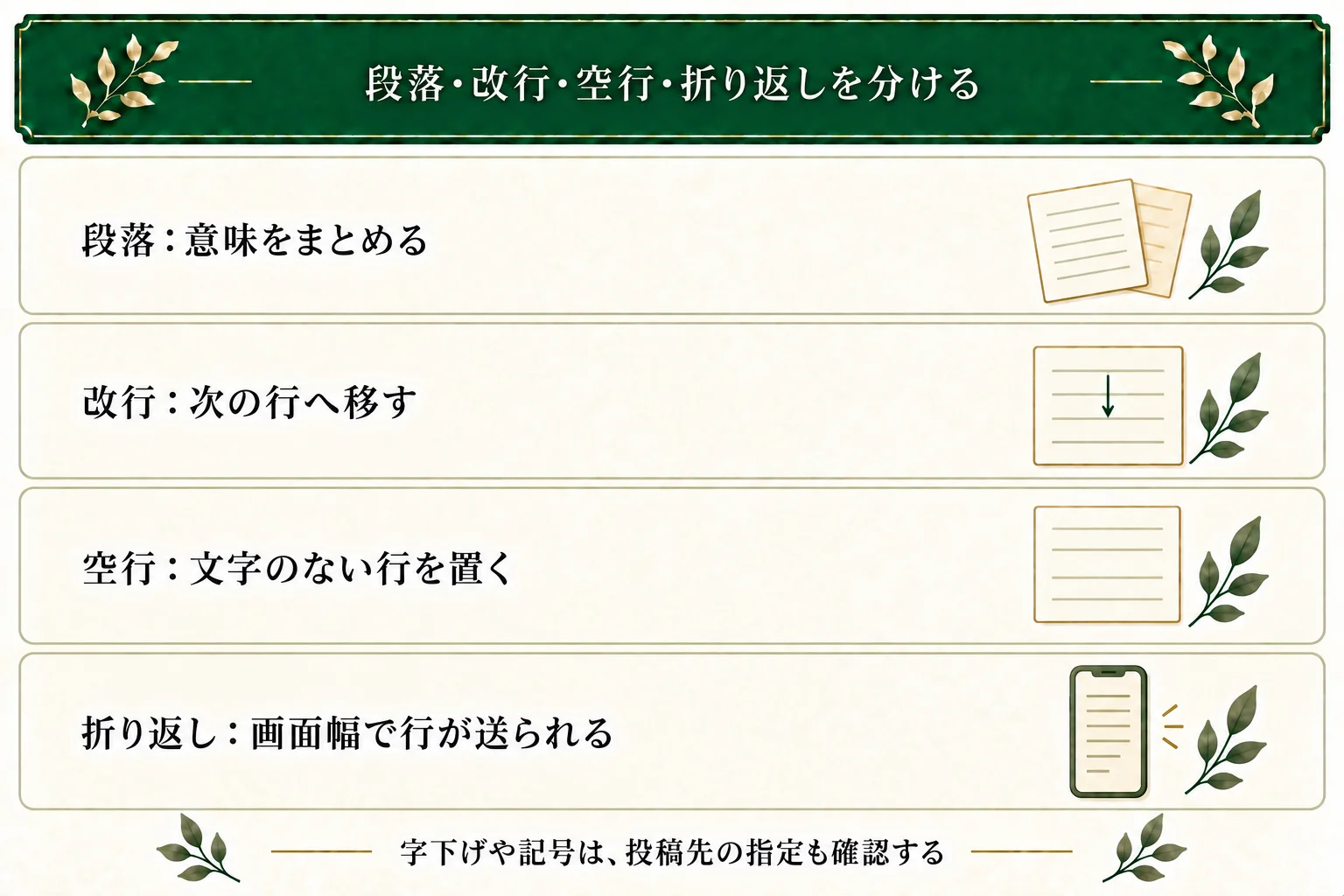 段落は意味のまとまり、改行は次の行へ移す操作、空行は文字のない行、自動折り返しは画面幅による行送り。字下げや記号は投稿先の指定も確認する。
