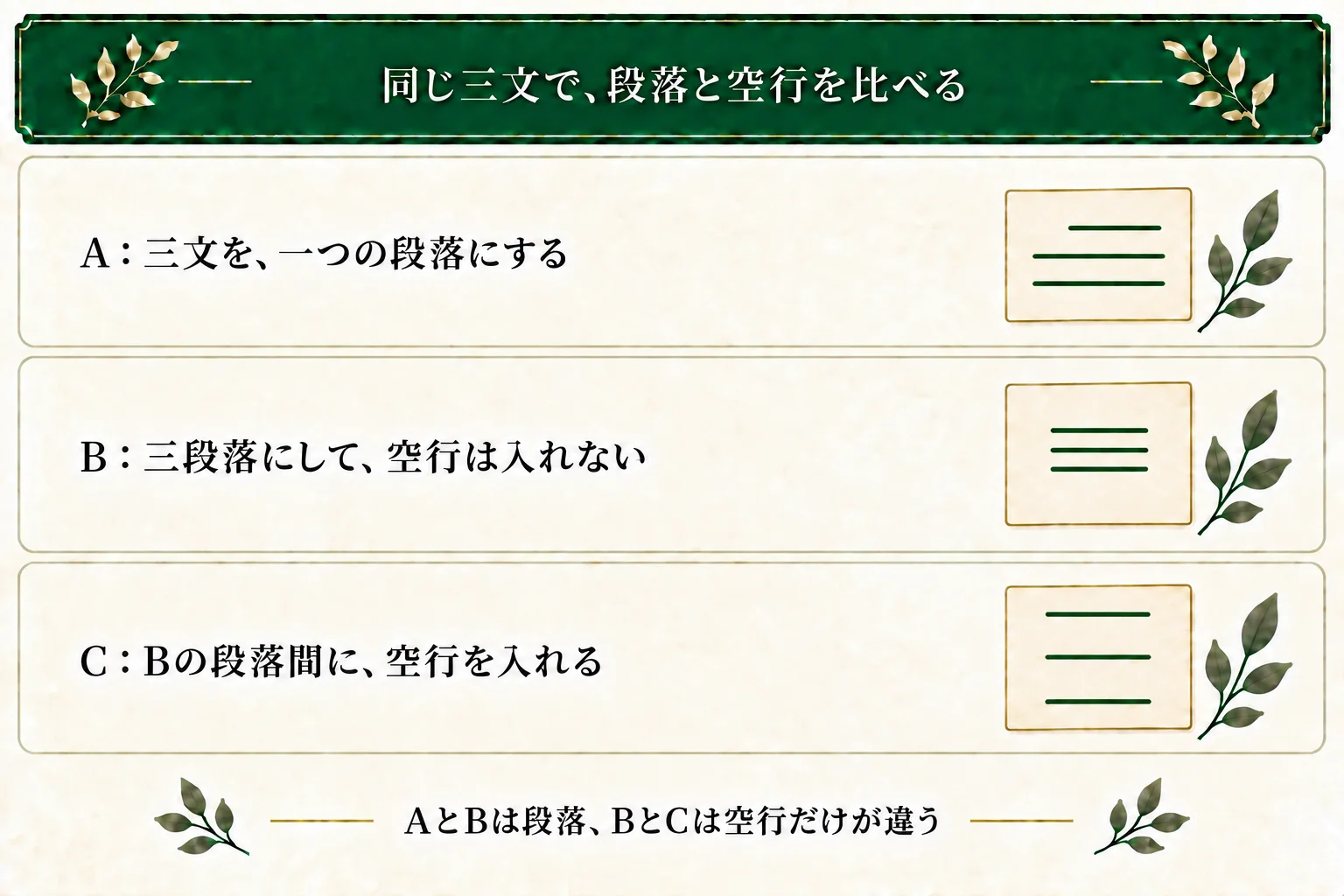 同じ三文をA一段落、B空行のない三段落、C段落間に空行のある三段落で比較する。AとBは段落の分け方、BとCは空行だけを変える。