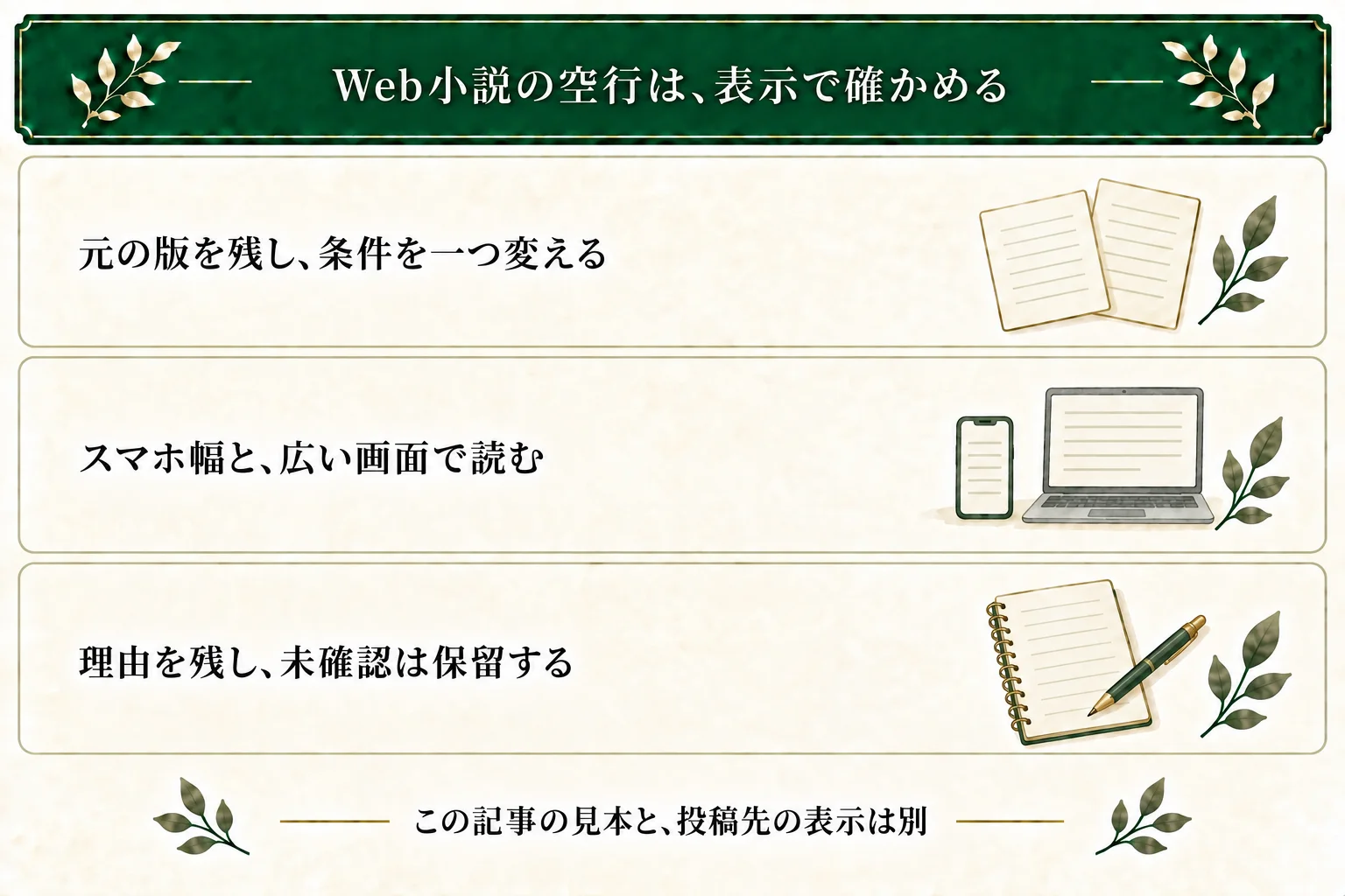 Web小説では元の版を残して比較条件を一つ変え、スマートフォン幅と広い画面で読み、採用理由と未確認の環境を記録する。